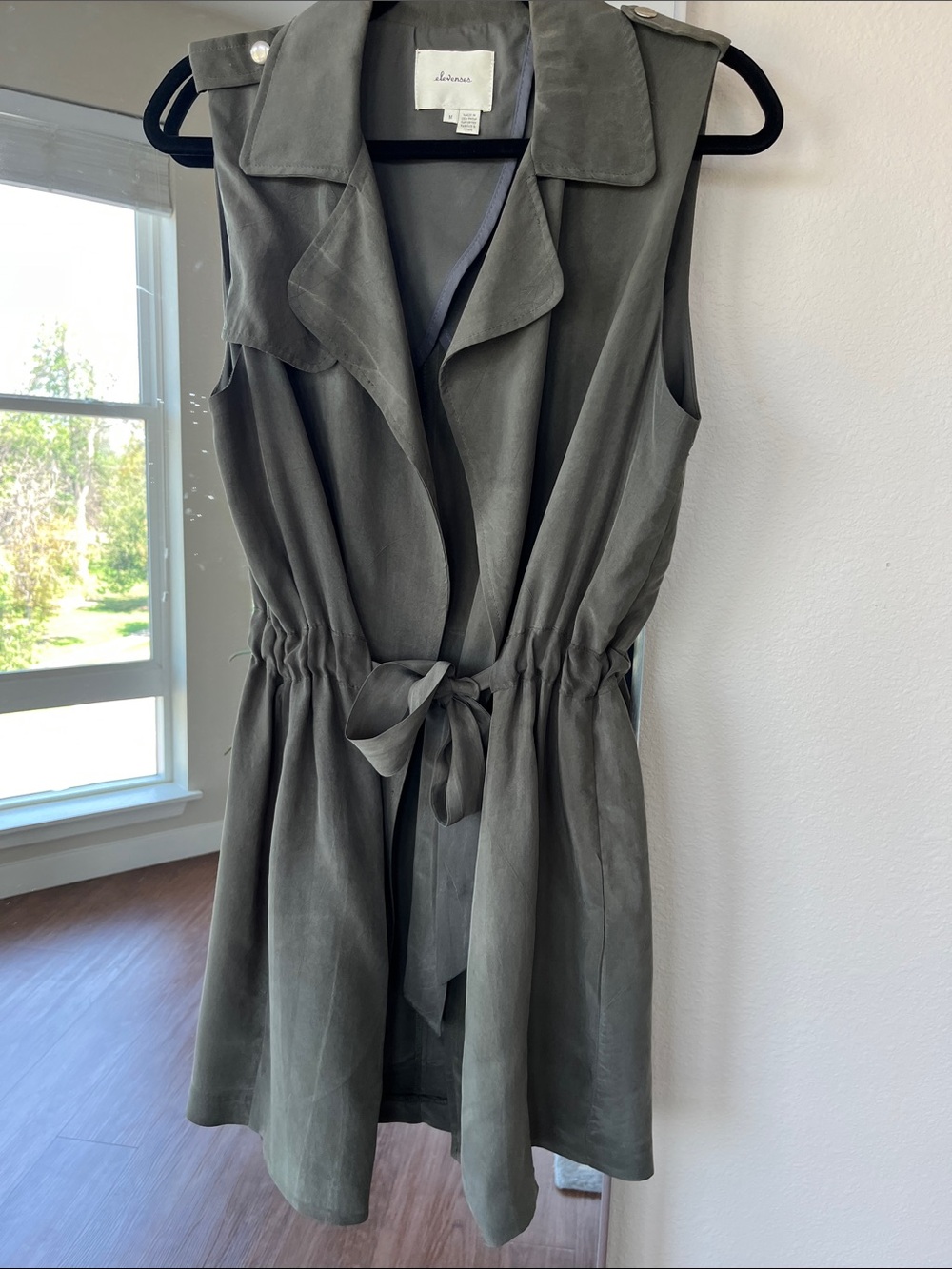 Elevenses Anthropologie 100% Silk Belted Sleeveless Jacket / Vest, Olive Green